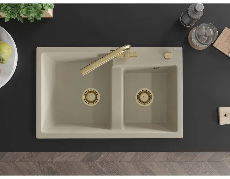 Mexen Tomas, granitový drez 800x500x190 mm, 2-komorový a zlatá batéria Duero, béžová, 6516-69-671600-50