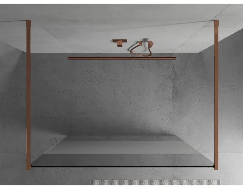 Mexen Kioto, priechodná sprchová zástena 110 x 200 cm, 8mm číre sklo - námraza, 2x zlatá stabilizačná rozpera, profil ružové zlato, 800-110-002-60-35