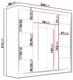 Šatníková skriňa s posuvnými dverami Fozzurt VII 200 (biela + čierna + zlatá) . Vlastná spoľahlivá doprava až k Vám domov. 1105710