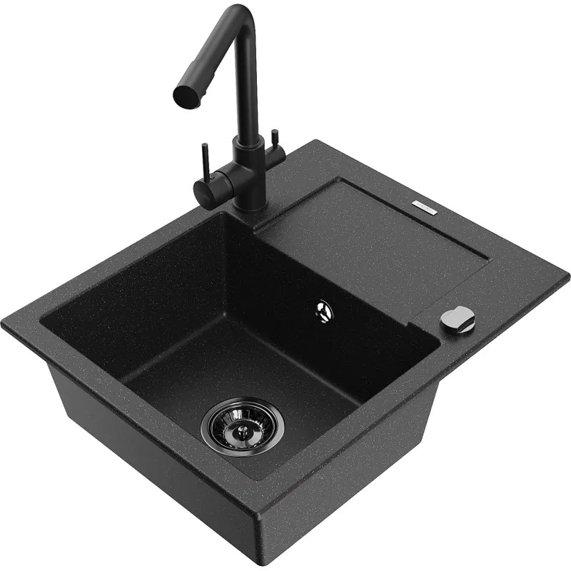 Mexen Enzo, granitový drez 576x465x174 mm, 1-komorový, čierna matná batéria Duero, čierna - strieborná metalíza, 6506-73-671600-70-B