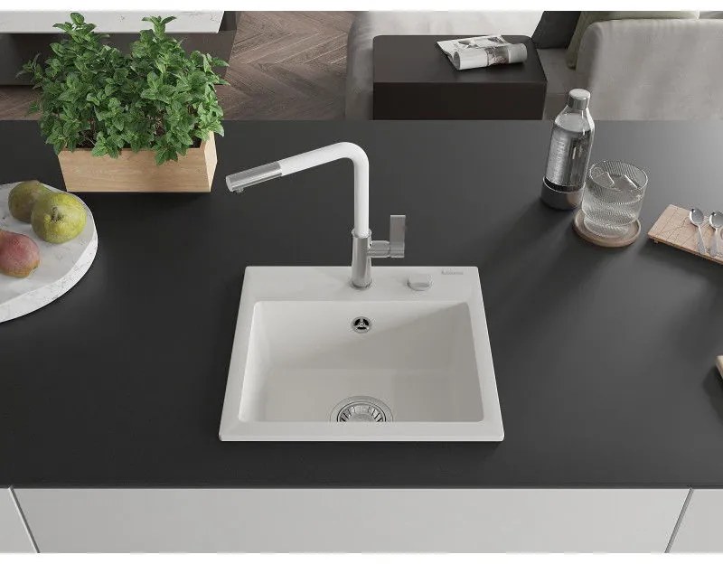 Mexen Milo, 1-komorový granitový drez 435x410x171 mm a drezová batéria Flora, biela, 6505-20-670401-02