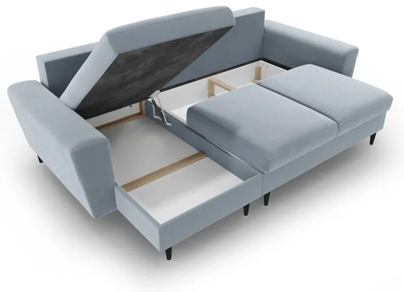 Svetlomodrá zamatová rozkladacia/s úložným priestorom rohová pohovka Kyoto – Cosmopolitan Design