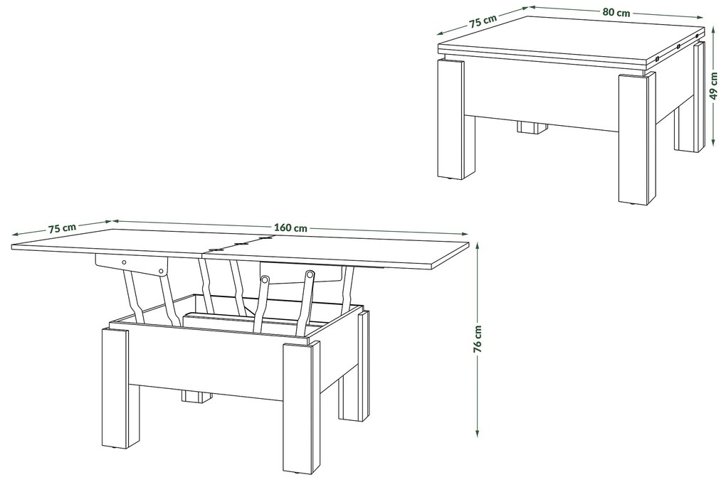 Mazzoni OSLO dub craft zlatý / čierna, rozkladací konferenčný stolík s výškovo nastaviteľnou stolovou doskou