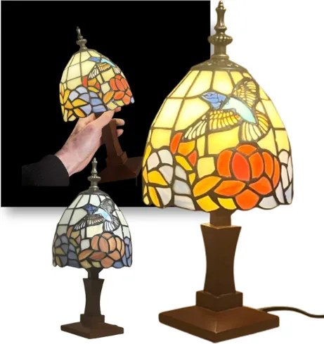 Nočná lampa Tiffany vitáž KOLIBRÍK_WOOD BASE 34*15 E14