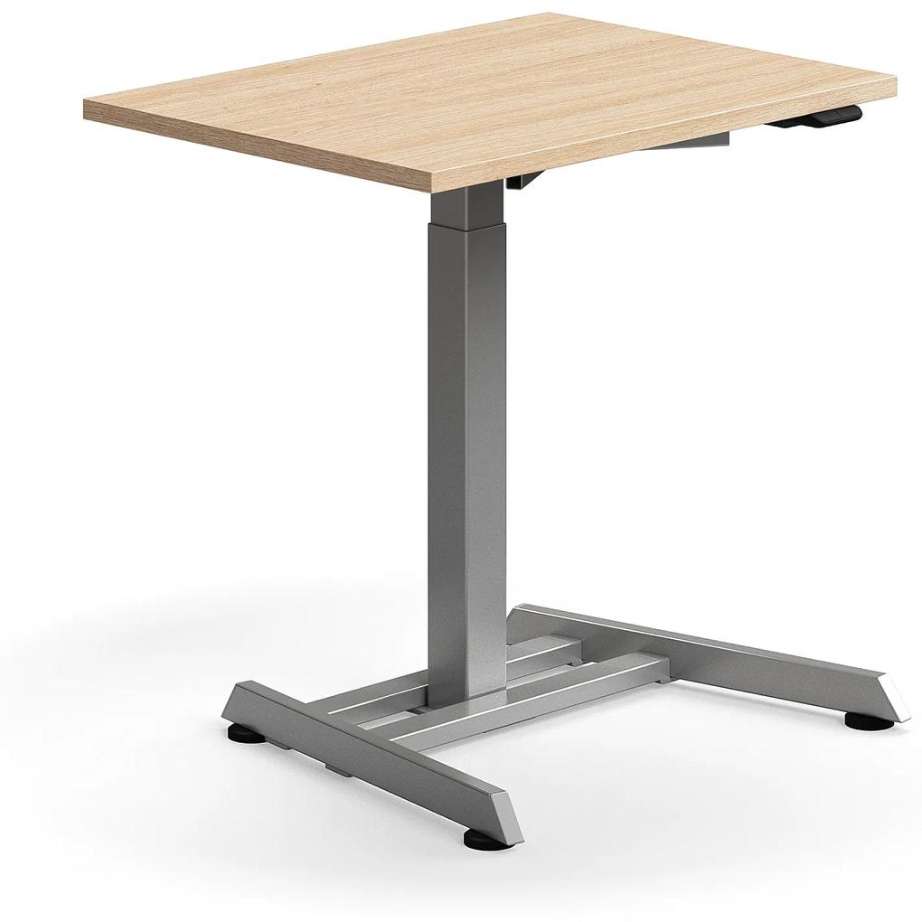 Výškovo nastaviteľný stôl QBUS, s centrálnou nohou, 800x600 mm, strieborný rám, dub