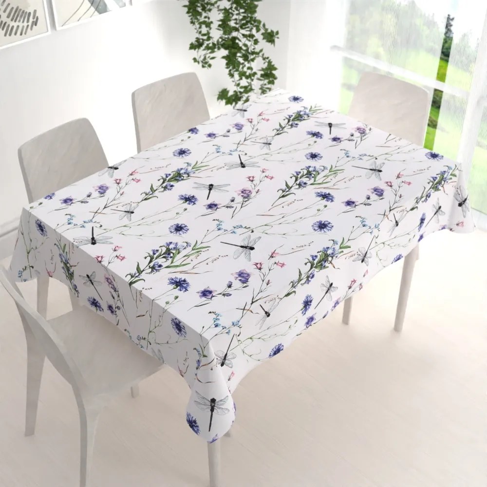 Biante Bavlnený obdĺžnikový obrus Sandra SA-429 Lúčne kvietky s vážkami 140x220 cm