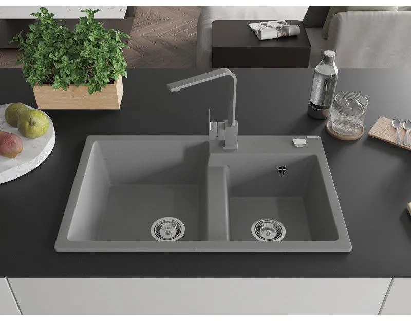 Mexen Tomas, granitový drez 800x500x190 mm, 2-komorový a šedá batéria Rita, šedá, 6516-71-670300-71