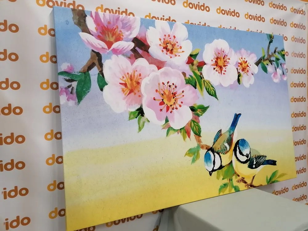 Obraz sýkorky a kvitnúce kvety
