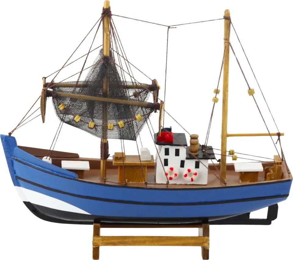 LEAN Toys Zberateľský model dekoratívneho rybárskeho plavidla modrej farby 30x26cm