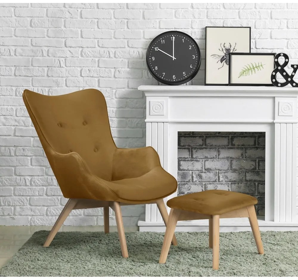 Zamatové kreslo s podnožkou v horčicovej farbe Niko – Ropez