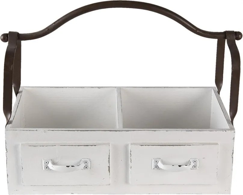 Biely drevený retro box s dvoma priehradkami a kovovým uchom - 41 * 19 * 29 cm