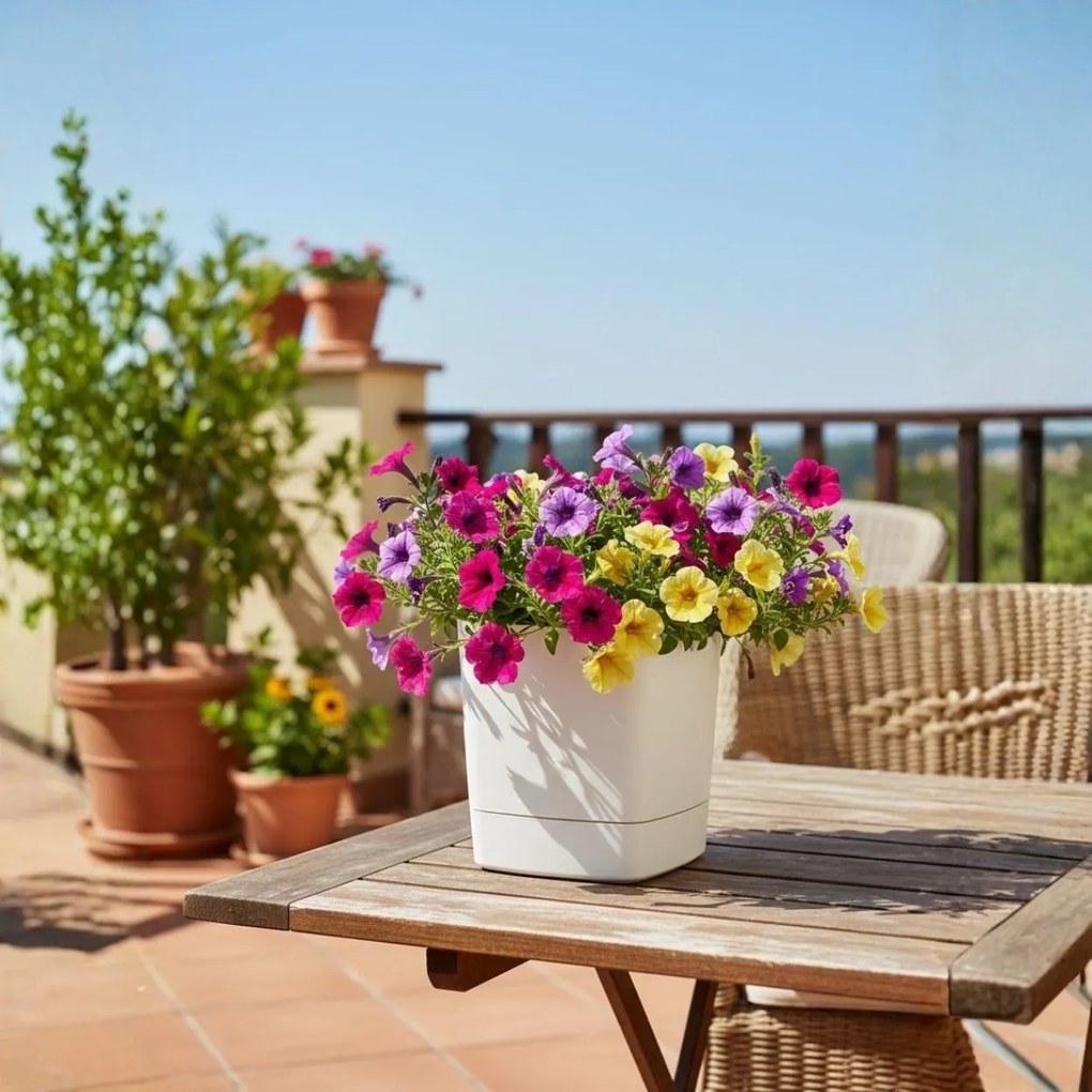 Plastový květináč s podmiskou Cubi 34x34 cm krémový