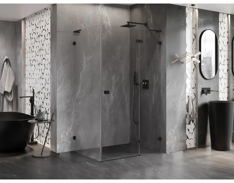 Mexen Lunar, L pravý výklopný sprchový kút 90 x 80 cm, 8mm číre sklo, čierny profil, 834L-090-080-70-00-P