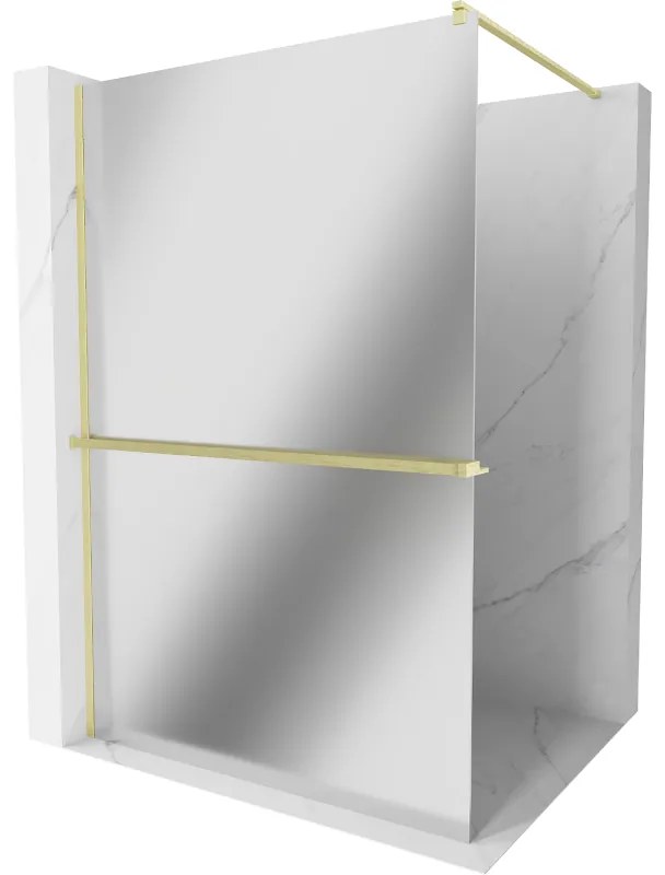 Mexen Kioto+, sprchová zástena Walk-In s poličkou a vešiakom 110 x 200 cm, 8mm sklo vzor zrkadlo, zlatý matný profil, 800-110-121-55-50