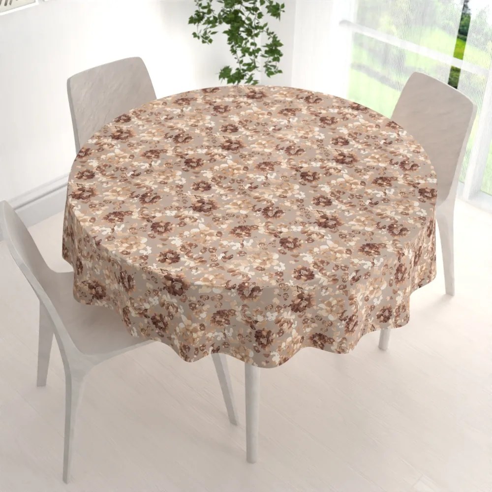 Biante Zamatový okrúhly obrus Tamara TMR-042 Hnedé kvety na sivobéžovom Ø 70 cm