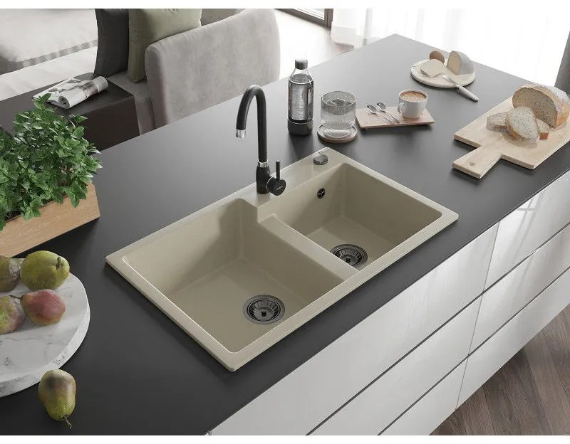 Mexen Tomas, granitový drez 800x500x190 mm, 2-komorový a čierna batéria Telma, béžová, 6516-69-670200-70