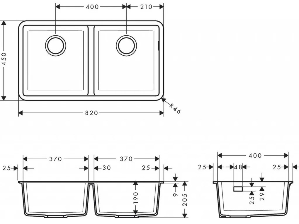 Hansgrohe S51 - Drez pod dosku 370/370, čierny grafit 43434170