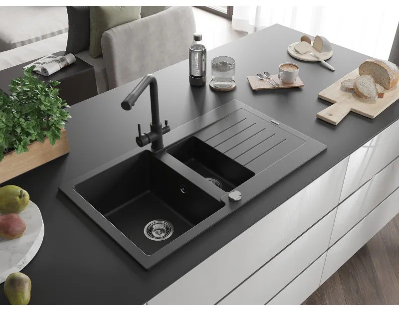 Mexen Matias, granitový drez 900x505x200 mm, 1,5-komorový a čierna batéria Duero, čierna, 6502-77-671600-70