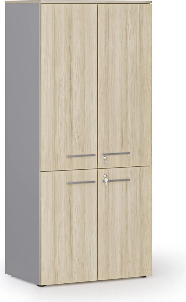 Kancelárska policová skriňa PRIMO GRAY, polené dvere, 800 x 500 x 1781 mm, sivá/dub prírodný