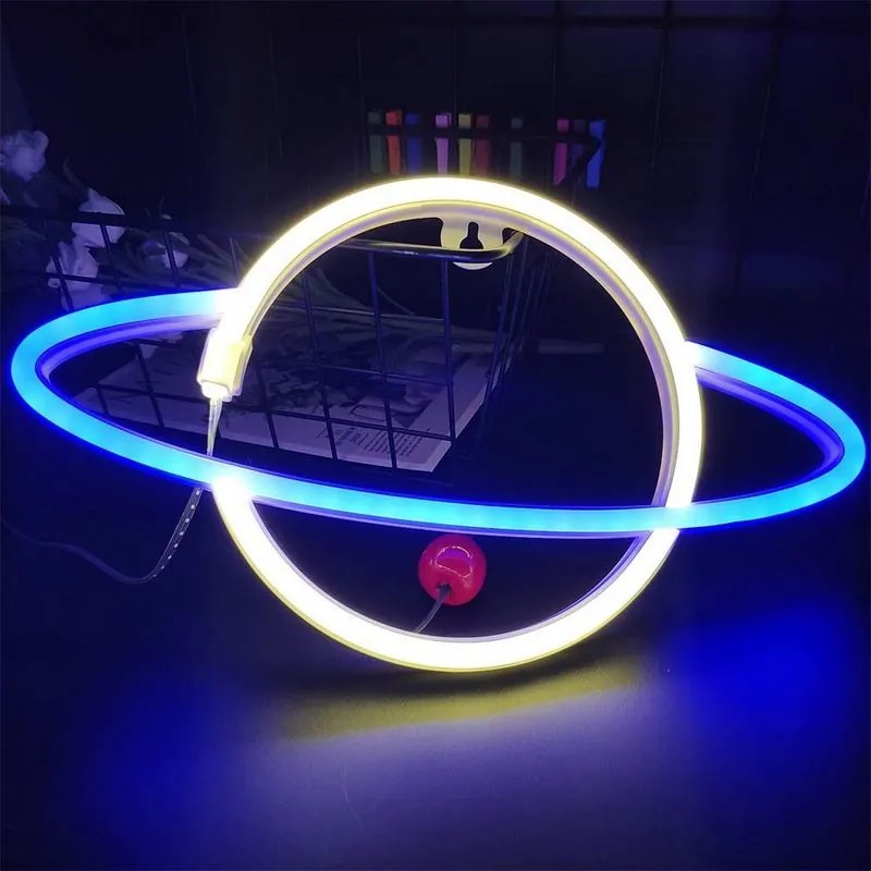 ACA Lighting Neónová lampička - Saturn, 3x AA batérie/USB kábel, IP20, modrá + žltá farba