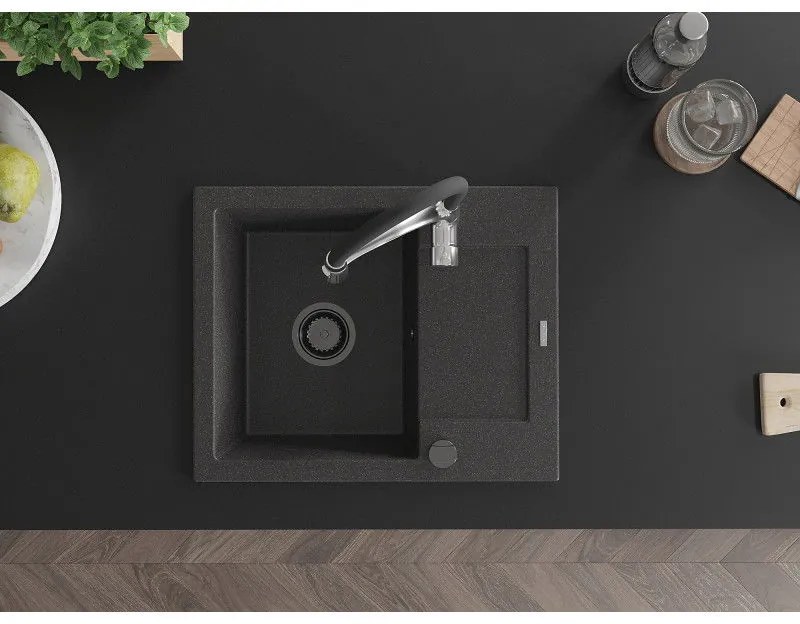 Mexen Enzo, 1-komorový granitový drez 576x465x174 mm a drezová batéria Aster, čierna škvrnitá, 6506-76-73450-07-B