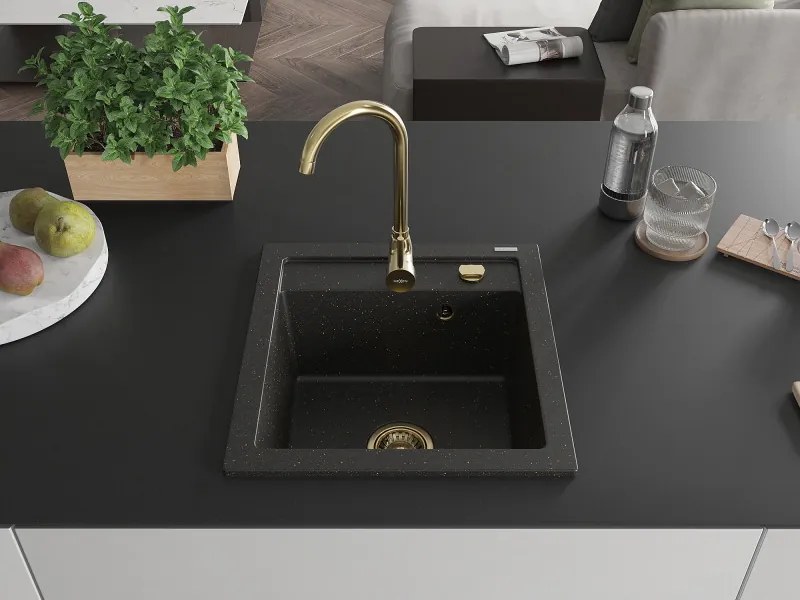 Mexen Vito, granitový drez 520x490x210 mm, 1-komorový, čierna-zlatá metalíza so zlatým sifónom, 6503521000-75-G
