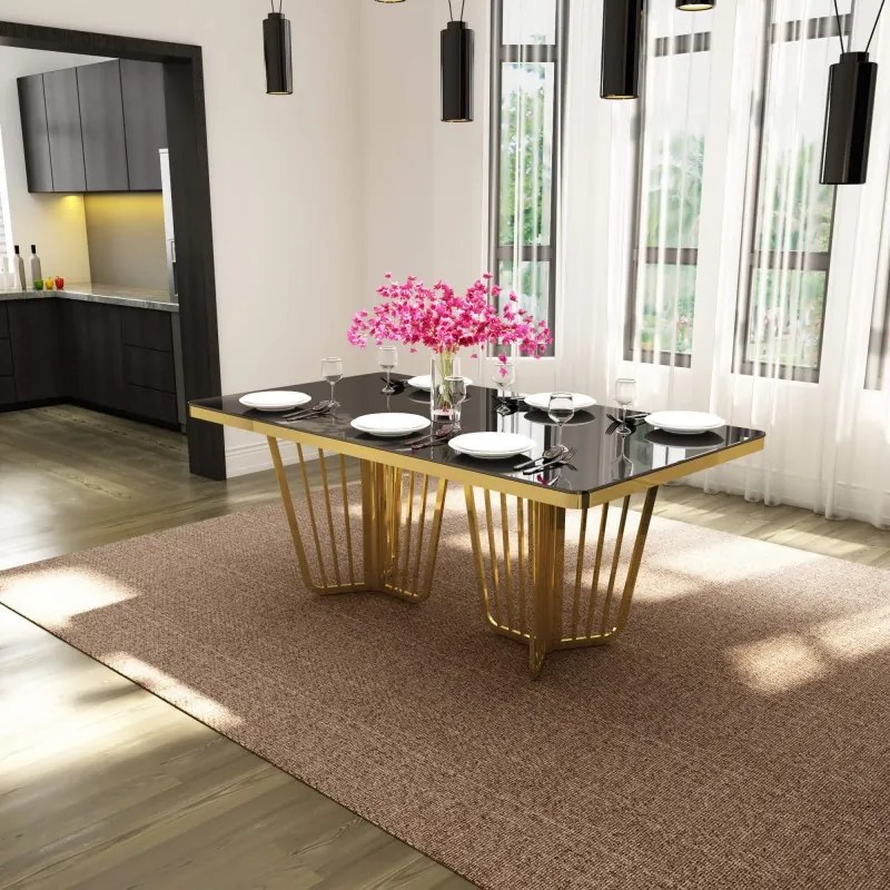 RACHEL JEDÁLENSKÝ STÔL ČIERNE SKLO + ZLATÉ NOHY 180 cm