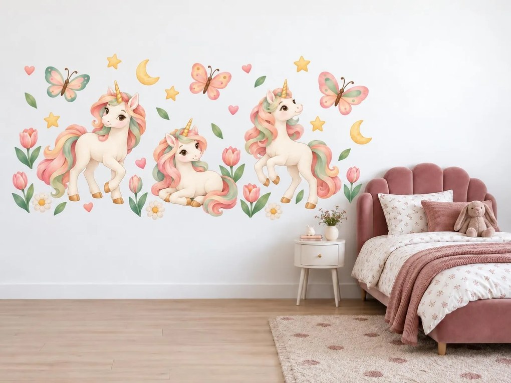 Jednorožce medzi tulipánmi jarné kvetinové nálepky na stenu pre dievčatká arch 46 x 23 cm