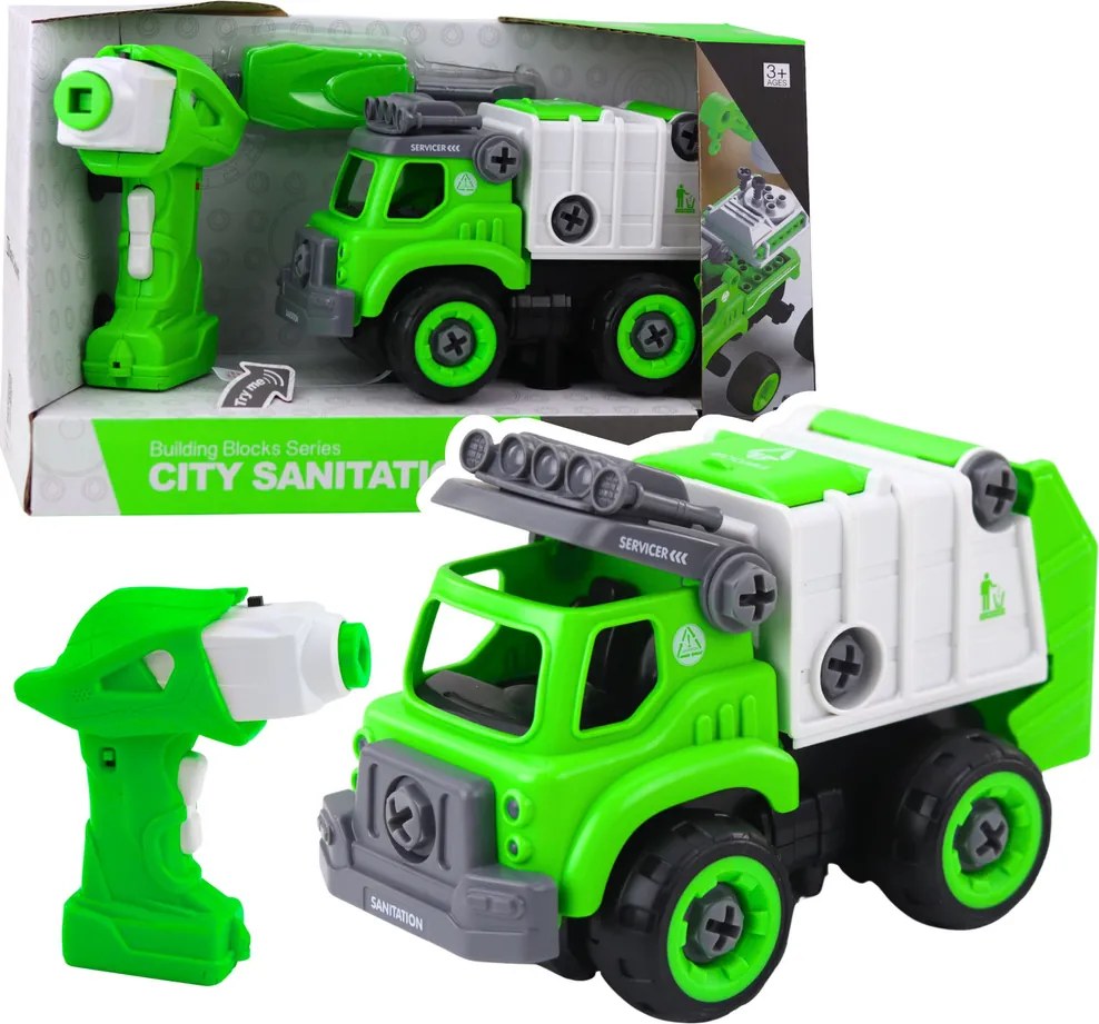 LEAN Toys RC skrutkovač na diaľkové ovládanie Green 2-in-1 Garbage Truck