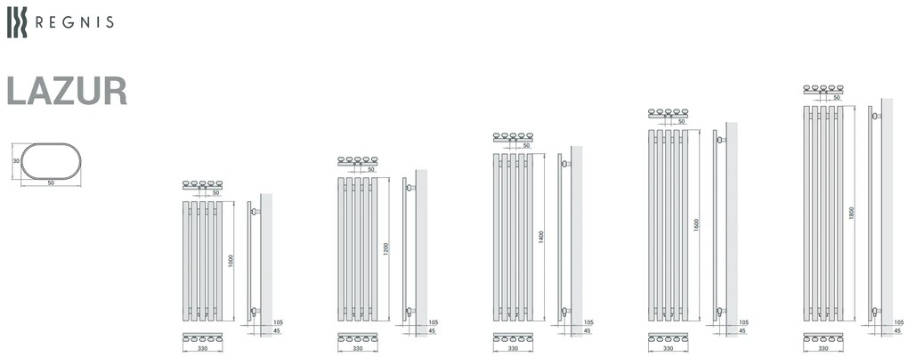 Regnis Lazur LA, vykurovacie teleso 330x1800mm so stredovým pripojením 50mm, 705W, biela matná, LAZURLA/1800/330/D5/WHITE