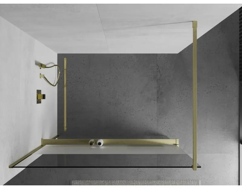 Mexen Kioto+, sprchová zástena Walk-In s poličkou a vešiakom 140 x 200 cm, 8mm číre sklo-námraza, zlatý matný profil, 800-140-121-55-35