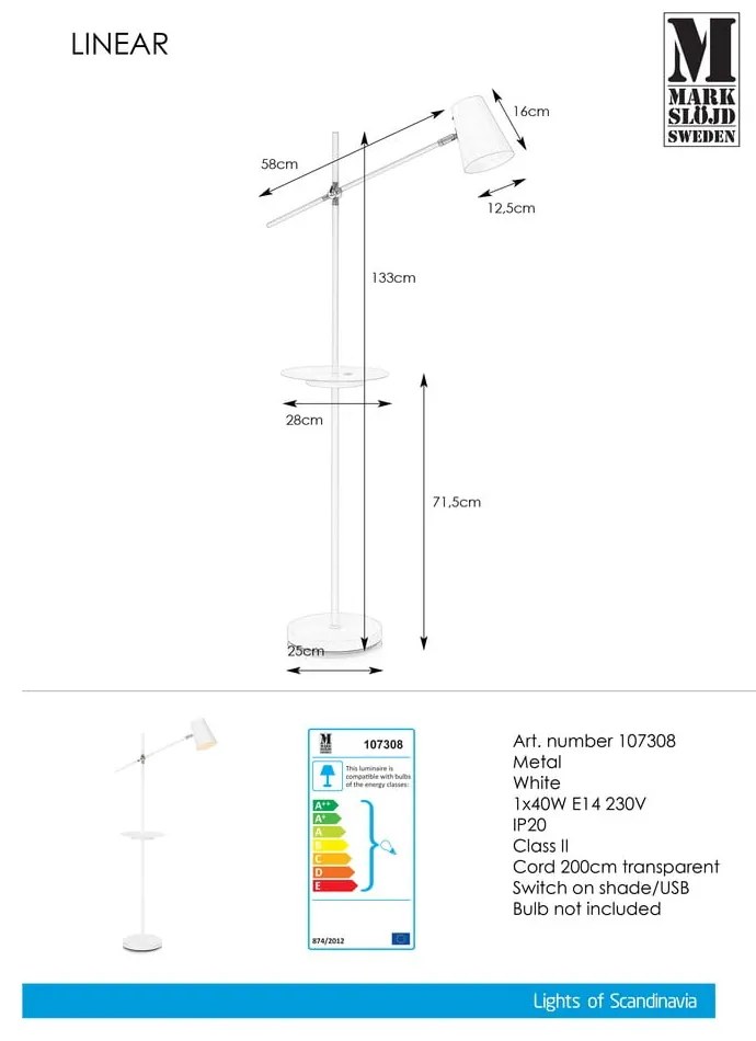 Stojacia lampa s odkladacím priestorom v bielej farbe Markslöjd Linear