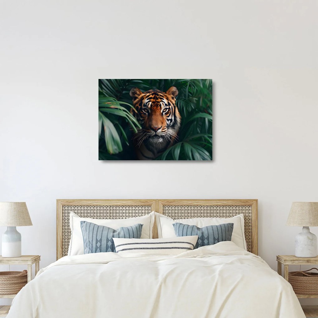 Sklenený obraz - Portrét tigra v džungli (70x50 cm)