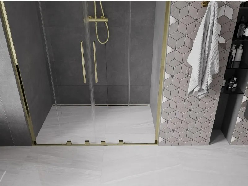 Mexen Velar L Duo, posuvné sprchové dvere do otvoru 150 cm, 8mm číre sklo, zlatá lesklá, 871-150-003-02-50