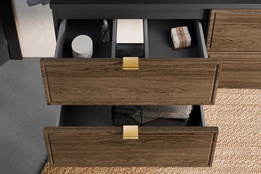 Závesná skrinka Talia Casella s doskou a umývadlom 80 cm čierny mat/dub casella