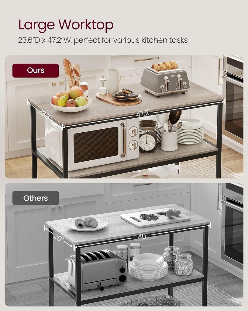 Kuchynský regál s pracovnou doskou, 3 police, 90x120x60cm