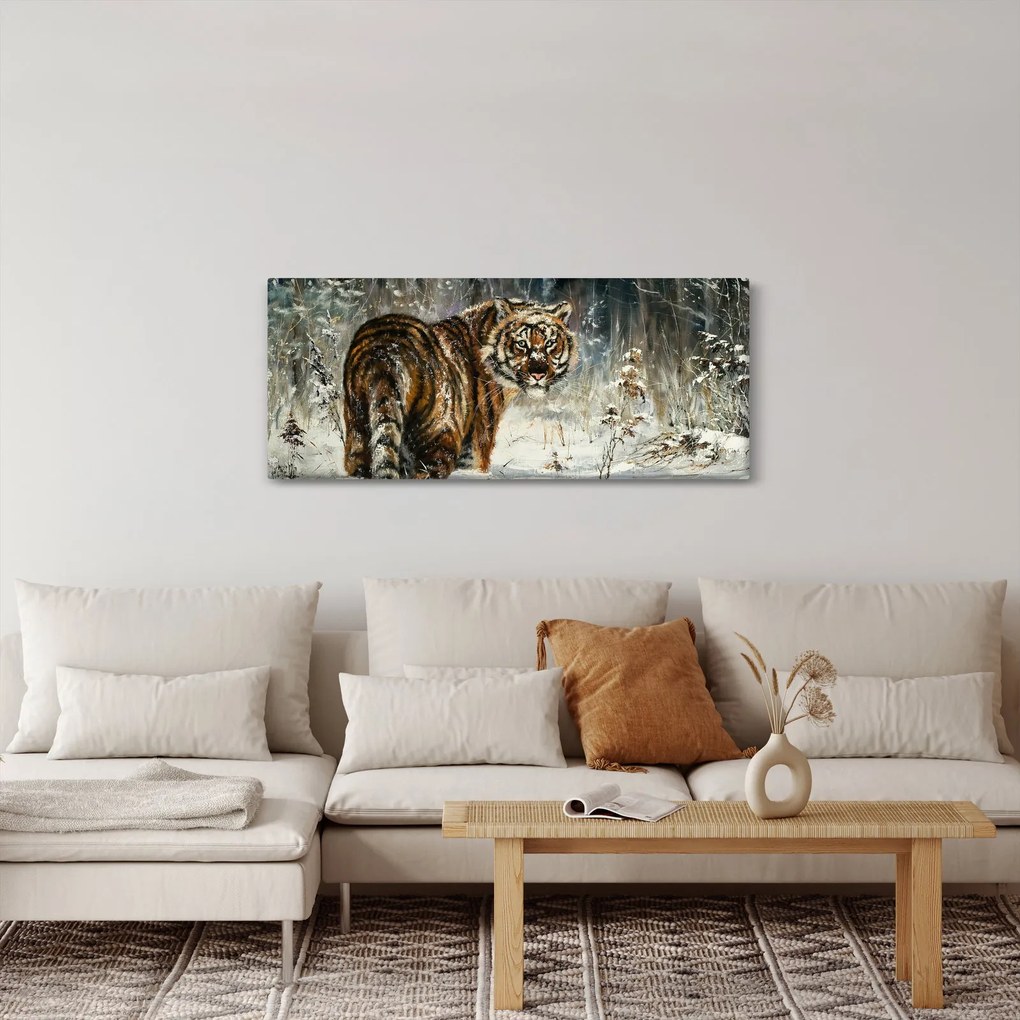 Obraz - Tiger v zasneženom lese, olejomaľba (120x50 cm)