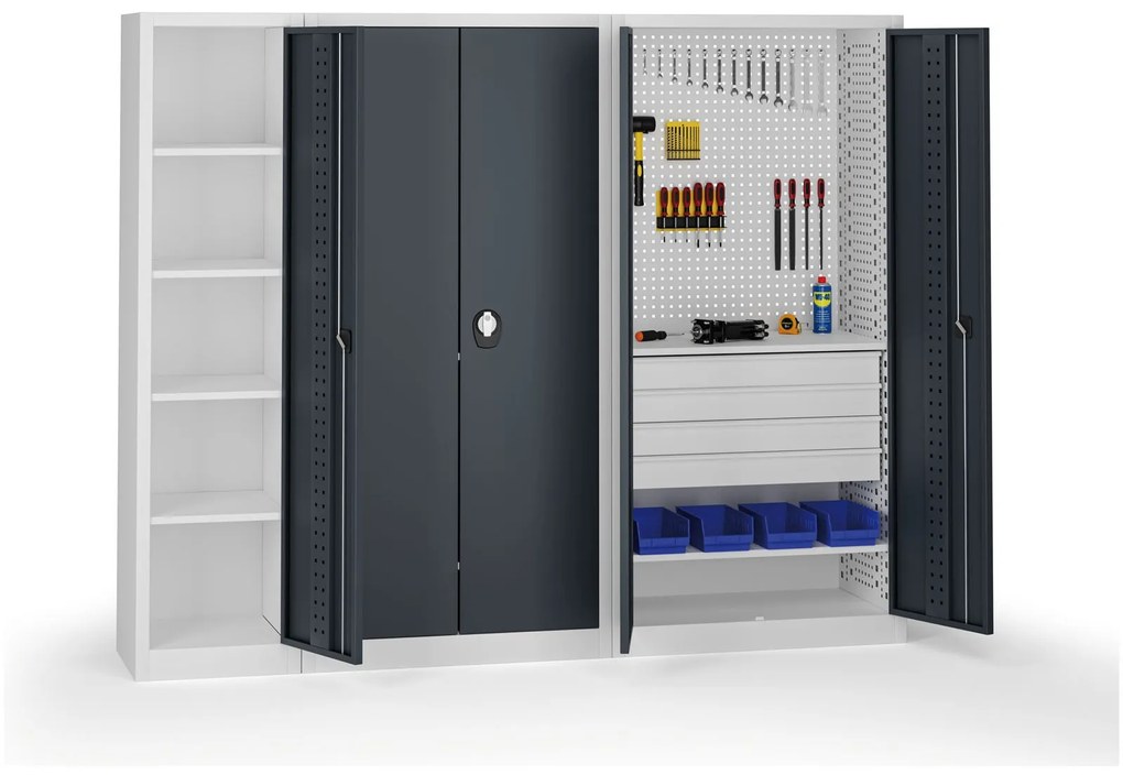 Úzka policová dielenská skriňa, 4 police, 1950 × 505 × 500 mm, grafitové dvere