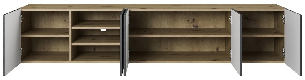 Závesná RTV skrinka Asha 200 cm s ryhovaným frontom - dub artisan / rivier stone mat