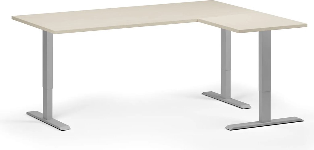 Výškovo nastaviteľný stôl, 180x140 cm, 3 motory, L/P, sivá podnož, breza