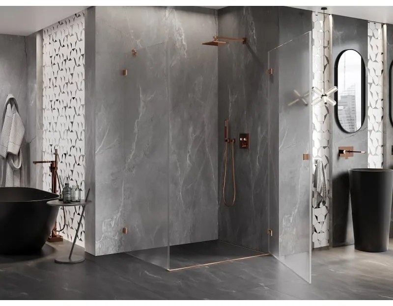 Mexen Lunar-B, pravostranný výklopný sprchový kút 90 x 80 cm, 8mm číre sklo, profil medená matná, 832-090-080-65-00-P