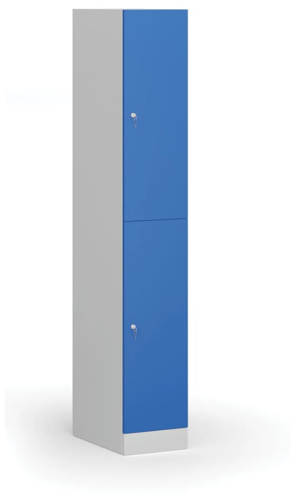 Šatníková skrinka s úložnými boxmi, 2 boxy, 1850 x 300 x 500 mm, cylindrický zámok, modré dvere