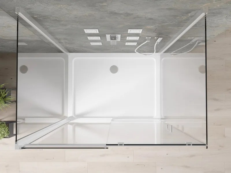 Mexen Omega, 3-stenový sprchovací kút s posuvnými dverami 140 (dvere) x 100 (stena) x 190 cm, 8mm číre sklo, chrómový profil + biela sprchová vanička SLIM, 825-140-100-01-00-3S-4010