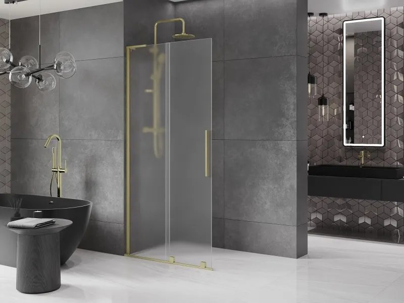 Mexen Velar L, posuvná sprchová zástena Walk-in 100 x 200 cm, 8mm sklo námraza, zlatá matná, 871-100-003-33-55