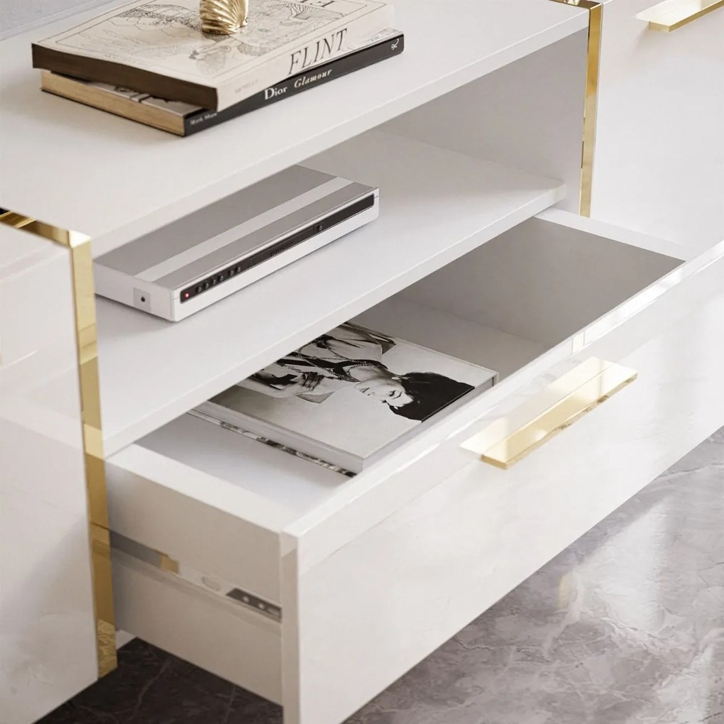 TV STOLÍK SANTINO BIELY LESK / ZLATÝ 158 cm