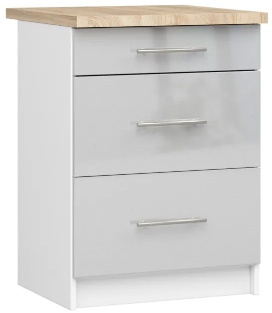 Spodná kuchynská skrinka s doskou OLIWIA S60 3SZ biela / metalická, lesk