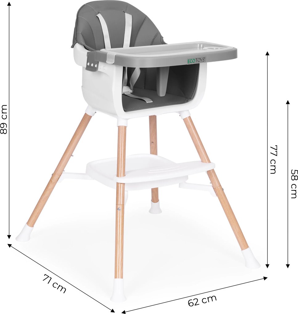 ECOTOYS Detská 2v1 jedálenská stolička ECOTOYS, sivá