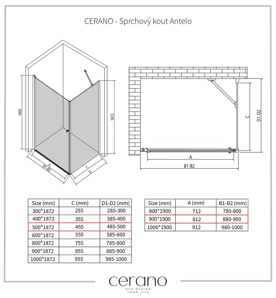Cerano Antelo, 1-krídlový sprchovací kút 90(dvere) x 50(stena) x 190 cm, 6mm číre sklo, čierny profil, CER-CER-477254