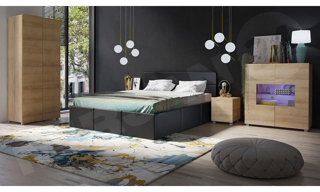 Spálňa Bralani XIX, Farby: dub zlatá, Dostupné poťahy: ekokoža Soft 017, Osvetlenie: osvetlenie LED modré