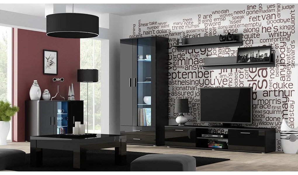 Obývacia stena Boho IX, Osvetlenie: osvetlenie LED modré, Farby: kašmír / kašmír + čierna